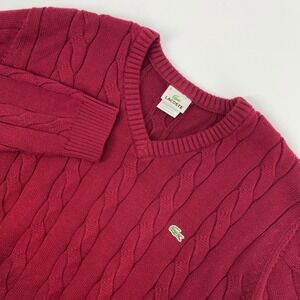 Lacoste Cable Knit Sweater Mens 6 Burgundy Red V Neck Preppy Old Money Classic
